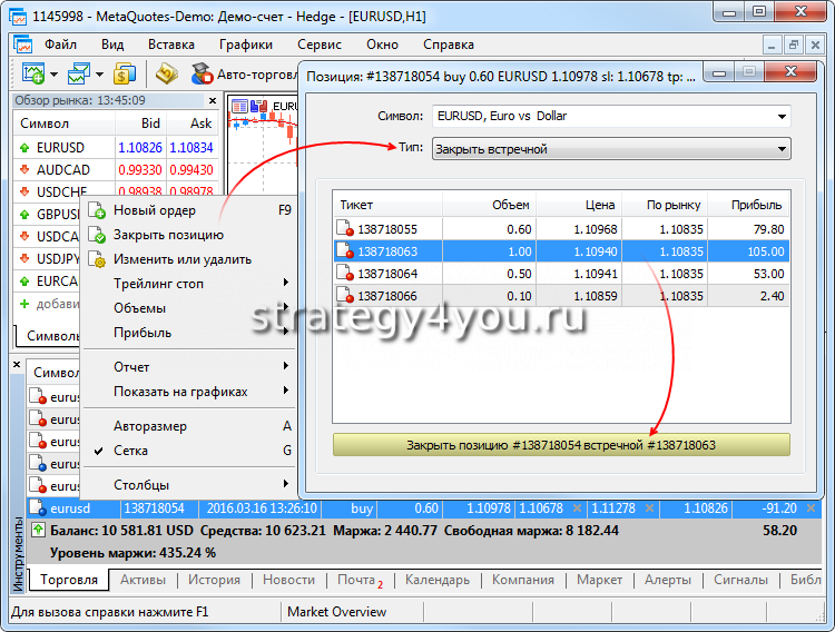 закрытие встречных ордеров