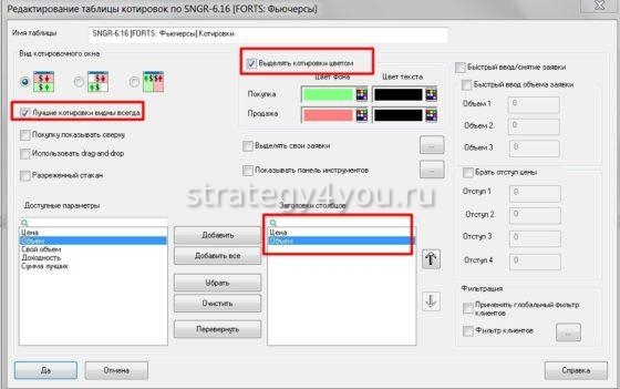 стакан заявок настройка